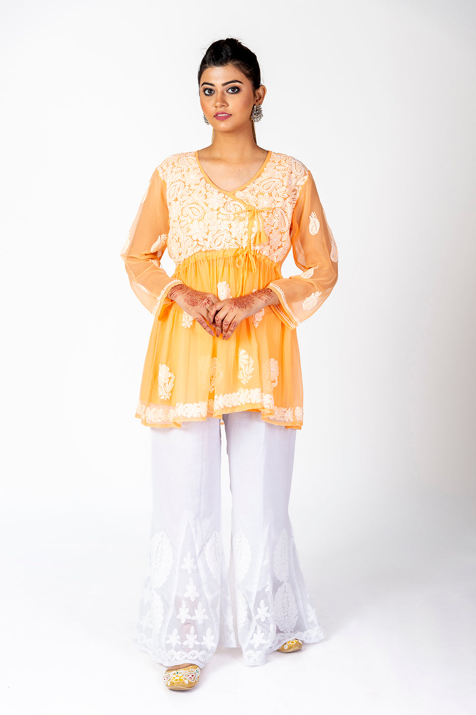 Orange Skin Friendly Hand Chikankari Kurti Lucknow Chikan Emporium.