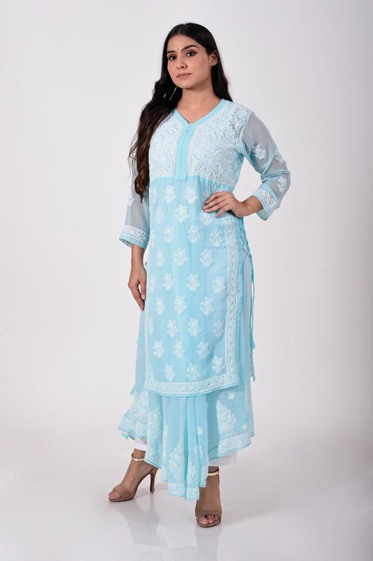 Sea green Hand embroided Semi georgette Chikankari sharara Kurti Lucknow Chikan Emporium.