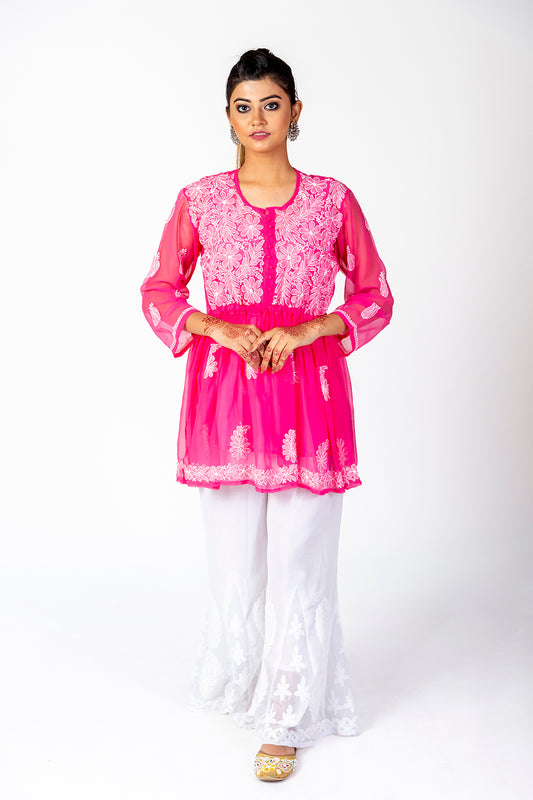 Rani Pink Skin Friendly Hand Chikankari Kurti Lucknow Chikan Emporium.