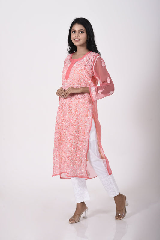 Carrot pink Hand embroided skin friendly semi georgette Chikankari Kurti Lucknow Chikan Emporium.