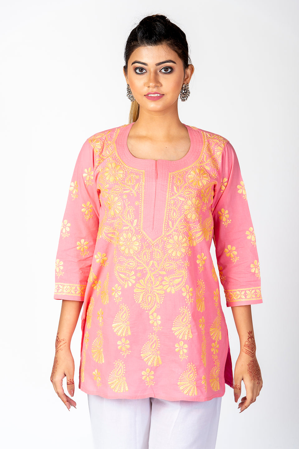 Pink Skin Friendly Hand Chikankari Short Kurti Lucknow Chikan Emporium