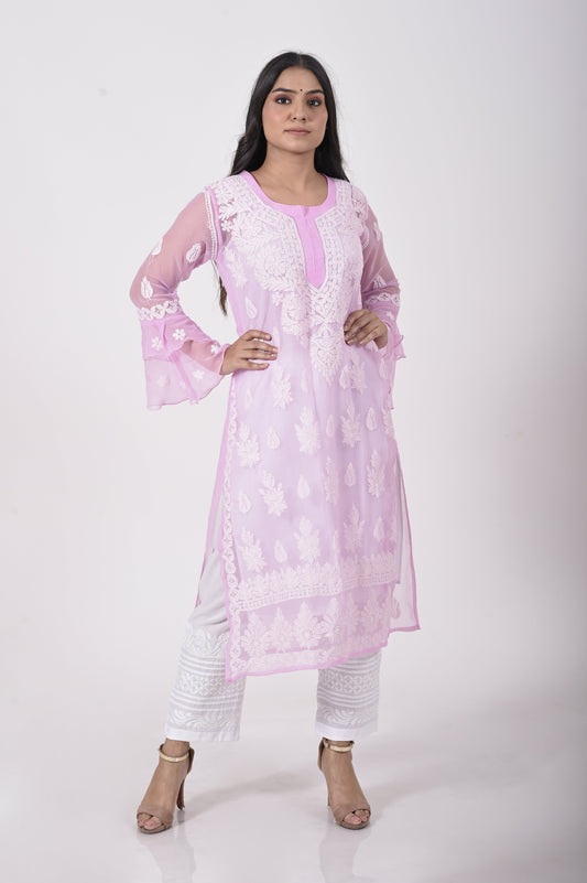 Onion pink Hand embroided skin friendly semi georgette  Chikankari Kurti Lucknow Chikan Emporium.