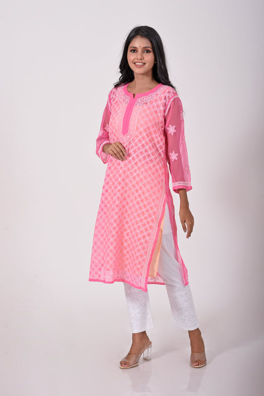 Dark pink Hand embroided Semi georgette Chikankari Kurti Lucknow Chikan Emporium.