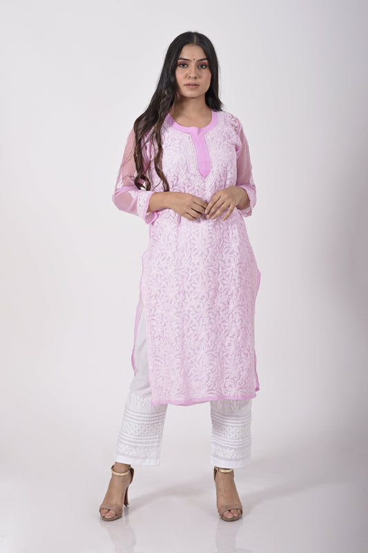 Pink Hand embroided skin friendly semi georgette  Chikankari Kurti Lucknow Chikan Emporium.