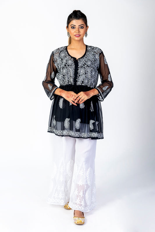 Black Skin Friendly Hand Chikankari Kurti Lucknow Chikan Emporium.