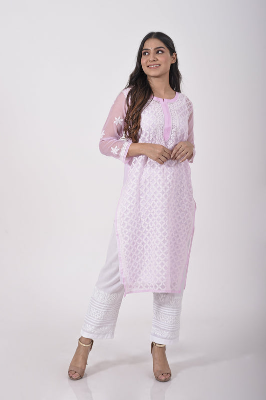 Pink Hand embroided Semi georgette Chikankari Kurti Lucknow Chikan Emporium.