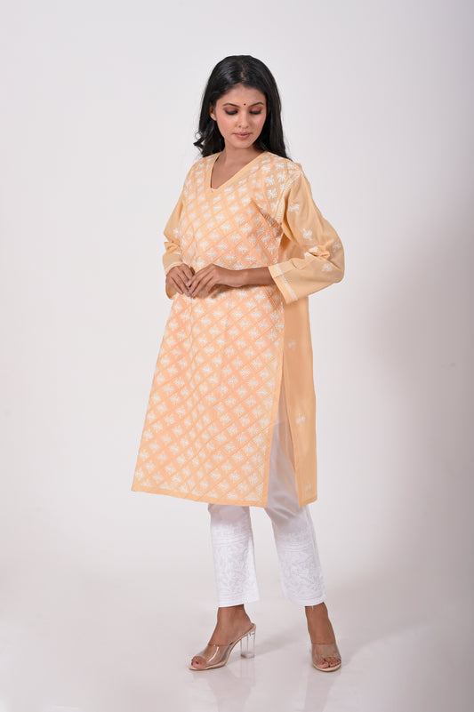 Fawn Hand embroided cotton Chikankari Kurti Lucknow Chikan Emporium.