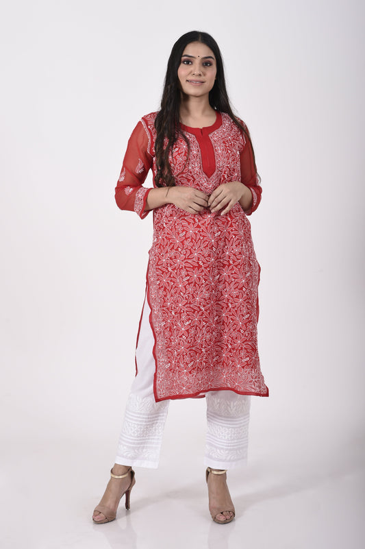 Red Hand embroided skin friendly semi georgette  Chikankari Kurti Lucknow Chikan Emporium.