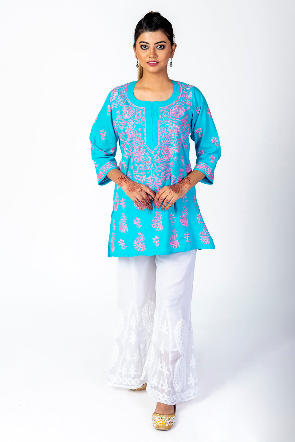 Blue Skin Friendly Hand Chikankari Short Kurti Lucknow Chikan Emporium