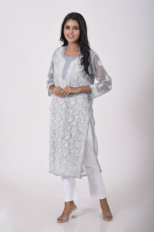 Grey Hand embroided skin friendly semi georgette  Chikankari Kurti Lucknow Chikan Emporium.