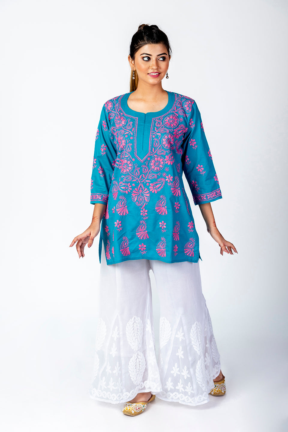 Dark Blue Skin Friendly Hand Chikankari Short Kurti Lucknow Chikan Emporium