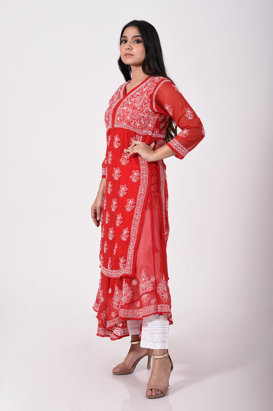 Red Hand embroided Semi georgette Chikankari sharara Kurti Lucknow Chikan Emporium.