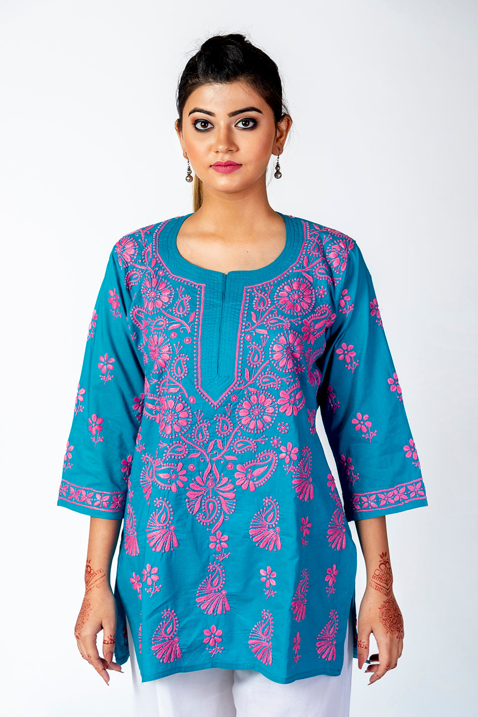 Dark Blue Skin Friendly Hand Chikankari Short Kurti Lucknow Chikan Emporium