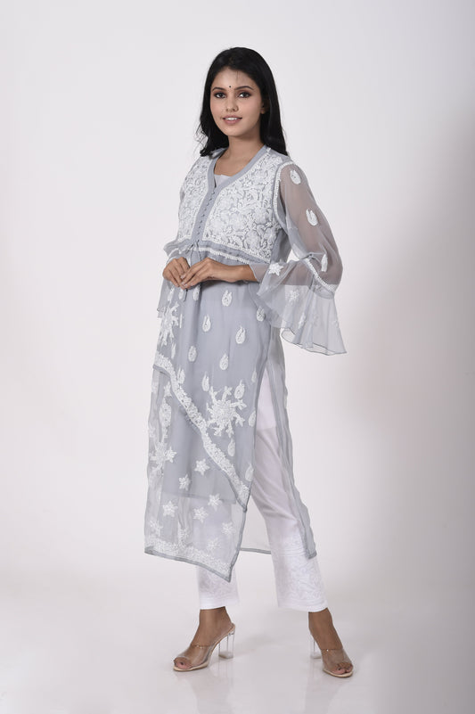 Grey Hand embroided skin friendly semi georgette  Chikankari Kurti Lucknow Chikan Emporium.