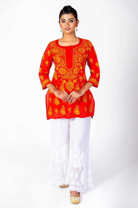 Rusty Red Skin Friendly Hand Chikankari Short Kurti Lucknow Chikan Emporium