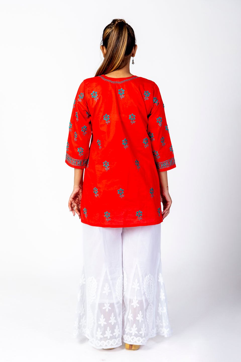 Red Skin Friendly Hand Chikankari Short Kurti Lucknow Chikan Emporium.