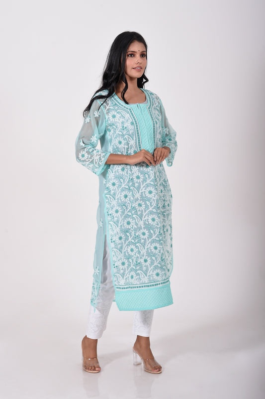 Sea green Hand embroided Semi georgette Chikankari women Kurti Lucknow Chikan Emporium.