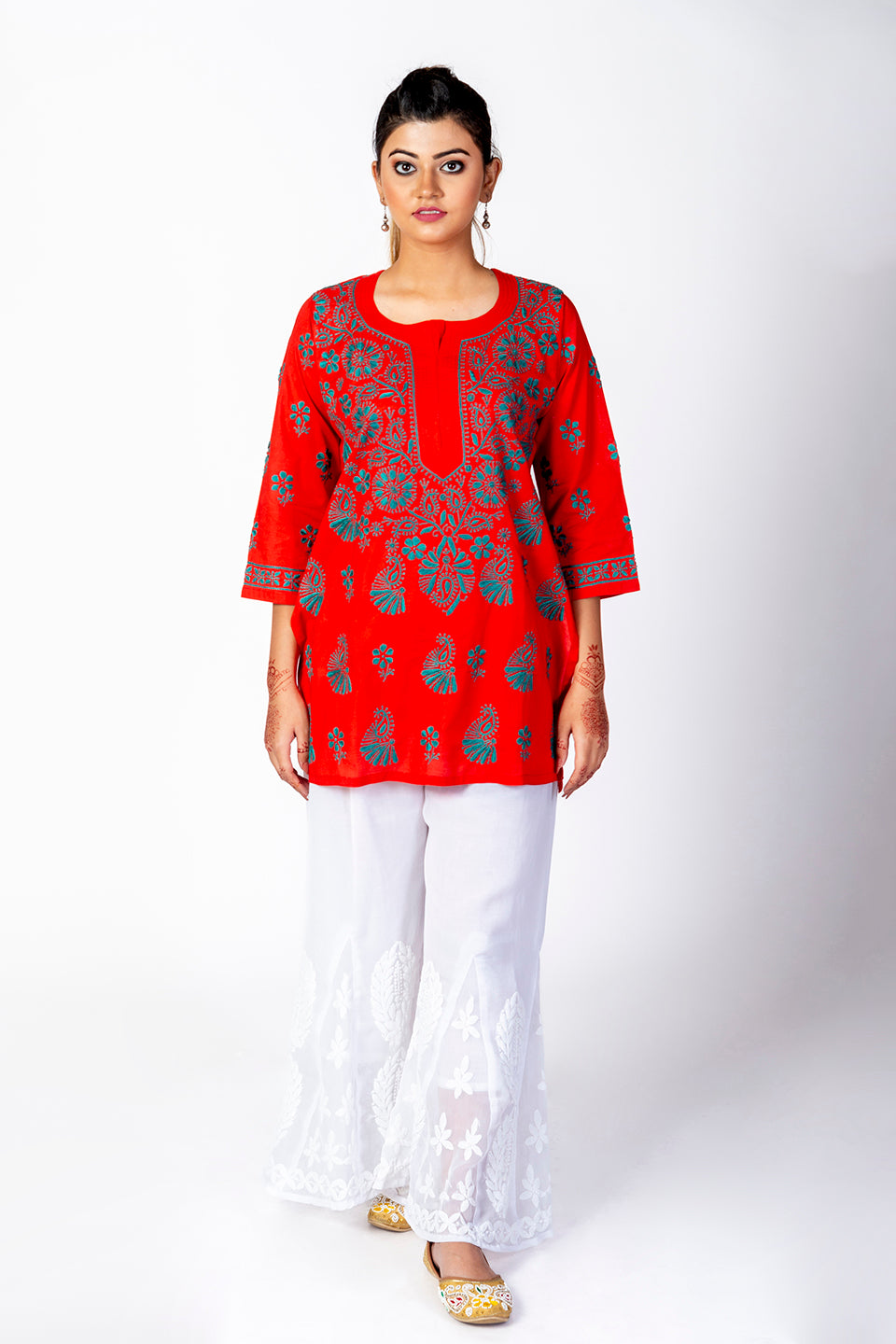 Red Skin Friendly Hand Chikankari Short Kurti Lucknow Chikan Emporium.