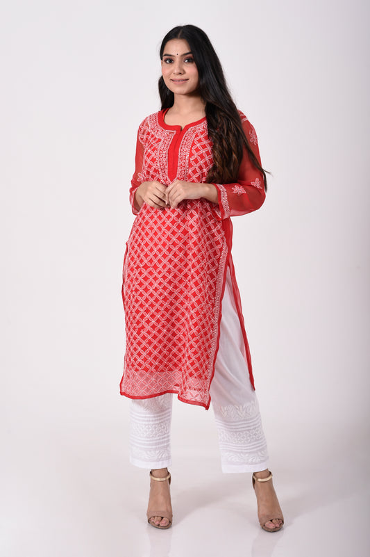 Red Hand embroided Semi georgette Chikankari Kurti Lucknow Chikan Emporium.