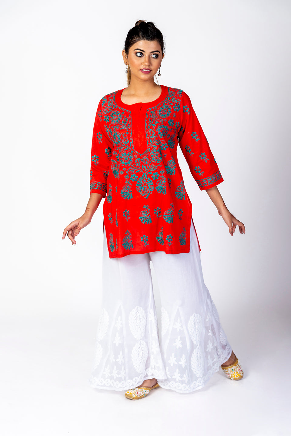 Red Skin Friendly Hand Chikankari Short Kurti Lucknow Chikan Emporium.