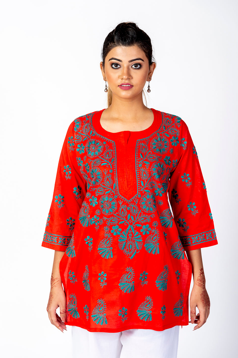 Red Skin Friendly Hand Chikankari Short Kurti Lucknow Chikan Emporium.