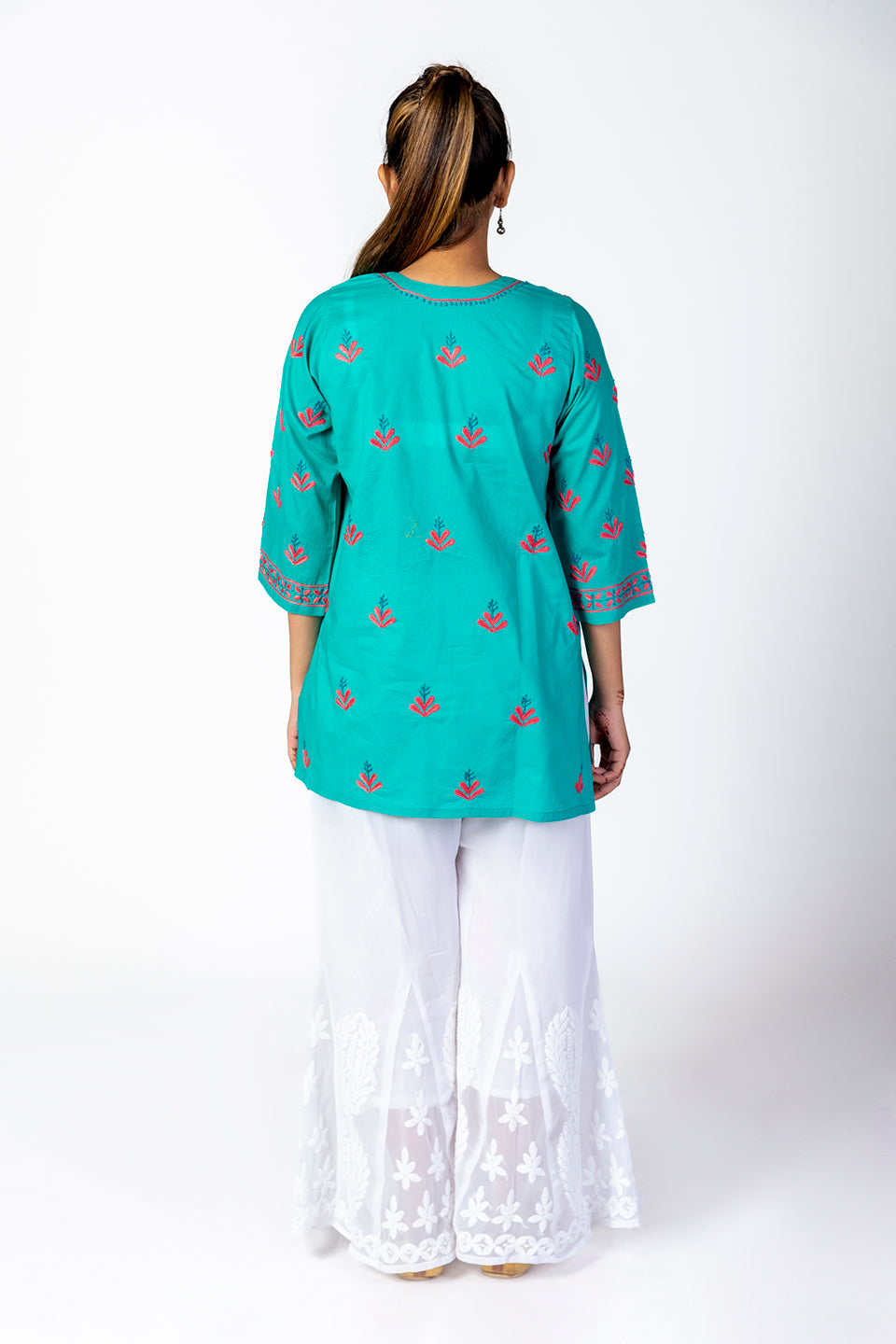 Green Skin Friendly Hand Chikankari Short Kurti Lucknow Chikan Emporium