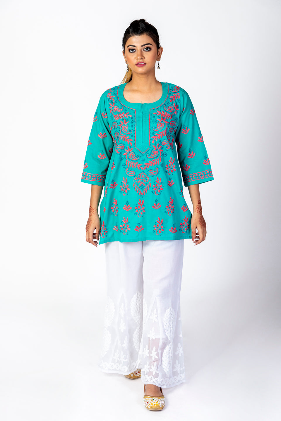 Green Skin Friendly Hand Chikankari Short Kurti Lucknow Chikan Emporium