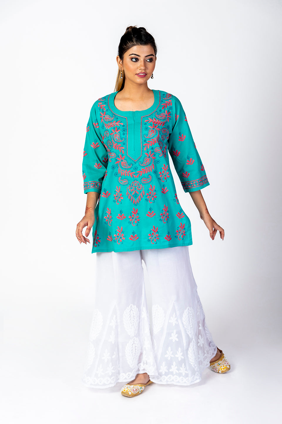 Green Skin Friendly Hand Chikankari Short Kurti Lucknow Chikan Emporium