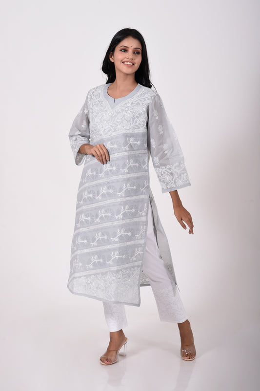 Grey Hand embroided cotton Chikankari Kurti Lucknow Chikan Emporium.