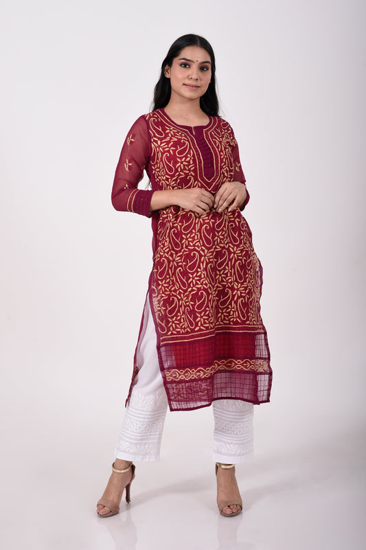 Wine Hand embroided Semi georgette Chikankari women Kurti Lucknow Chikan Emporium.