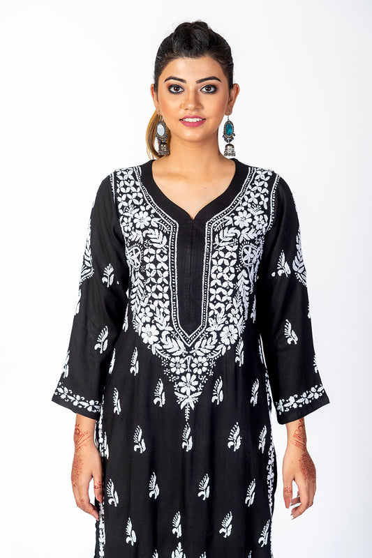 Super Soft Fine Rayon Chikankari Kurti Black Colour Lucknow Chikan Emporium.