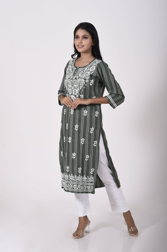 Dark green Hand embroided Semi georgette Chikankari Kurti Lucknow Chikan Emporium.