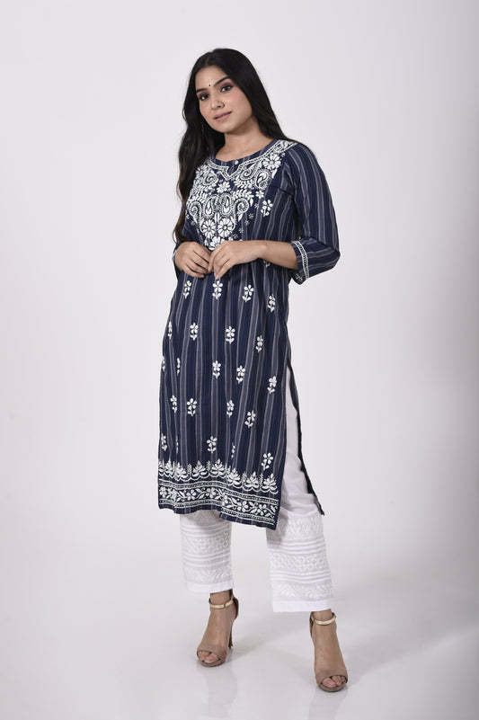 Blue Hand embroided Semi georgette Chikankari Kurti Lucknow Chikan Emporium.