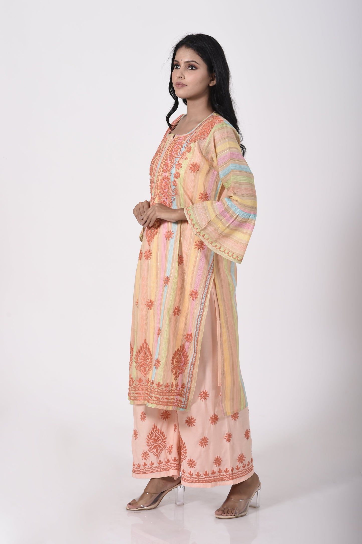 Lucknow Chikan Emporium Hand Chikankari soft skin friendly pure cotton peach print palazzo set