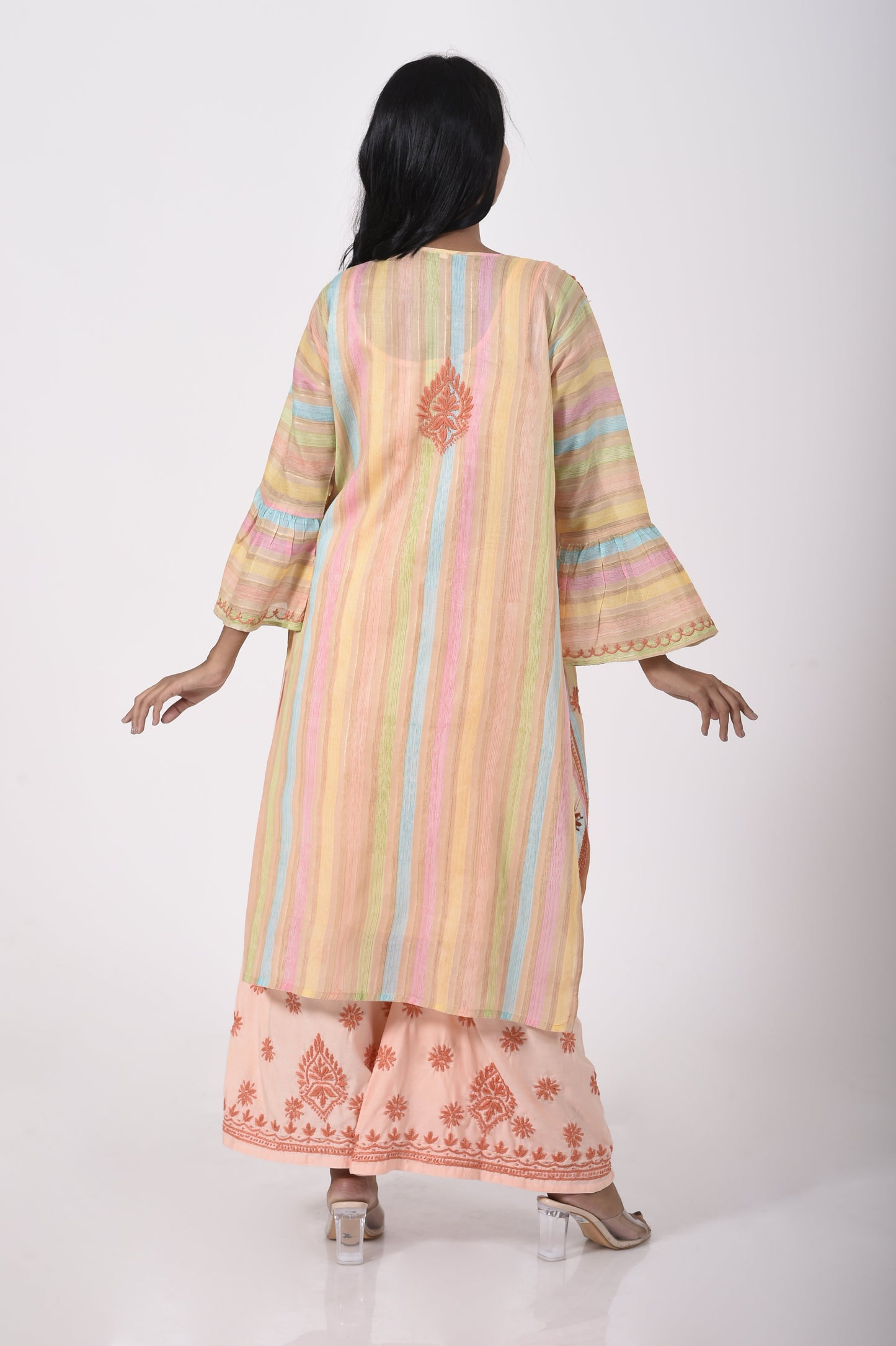 Lucknow Chikan Emporium Hand Chikankari soft skin friendly pure cotton peach print palazzo set