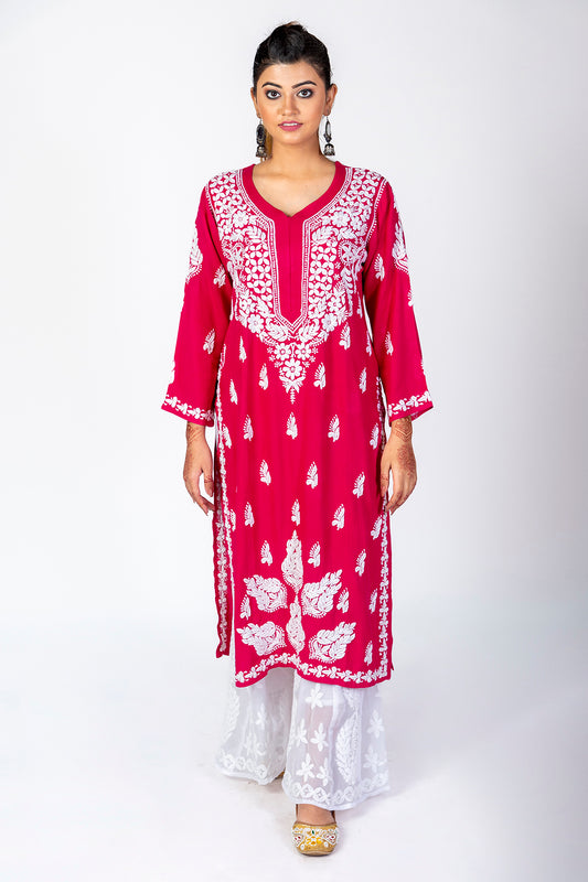 Super Soft Fine Rayon Chikankari Kurti Pink Colour Lucknow Chikan Emporium.