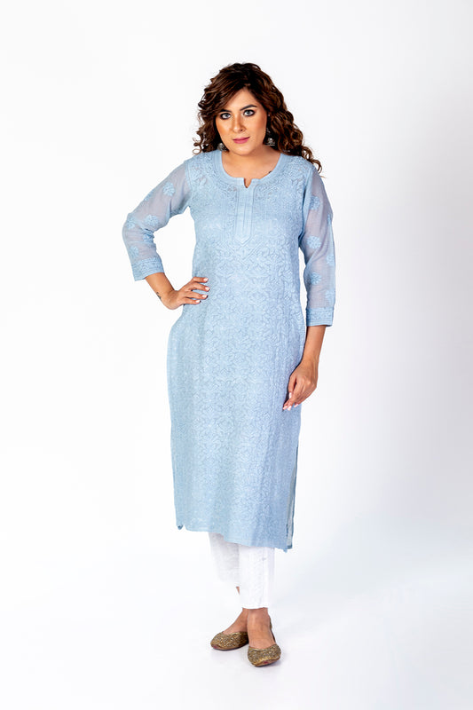 Grey Kota Skin Friendly Hand Chikankari Kurti Lucknow Chikan Emporium