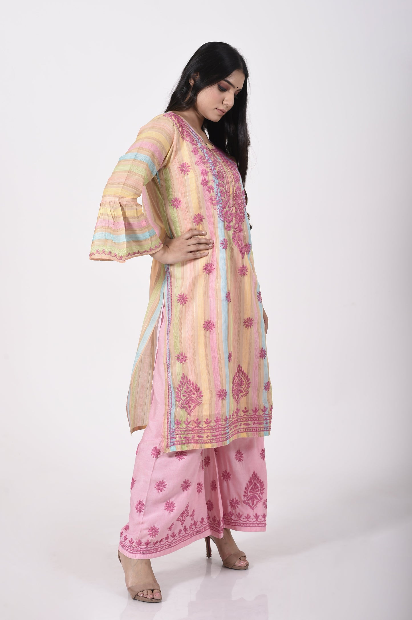 Lucknow Chikan Emporium Hand Chikankari soft skin friendly pure cotton pink print palazzo set