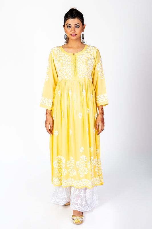 Nice Hand Embroided Cotton Rayon Chikankari Yellow Angarkha Kurti Lucknow Chikan Emporium.