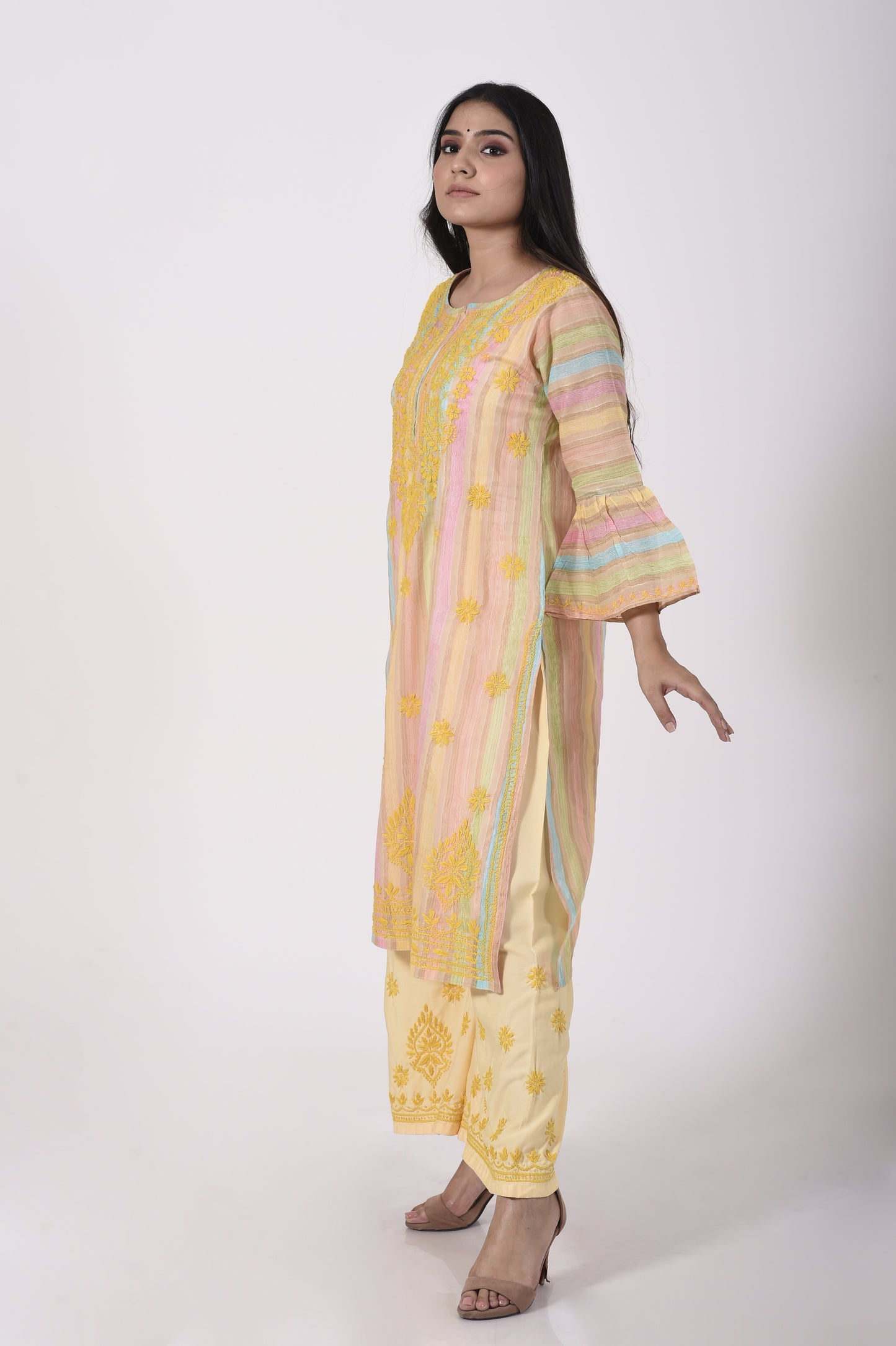 Lucknow Chikan Emporium Hand Chikankari soft skin friendly pure cotton yellow print palazzo set