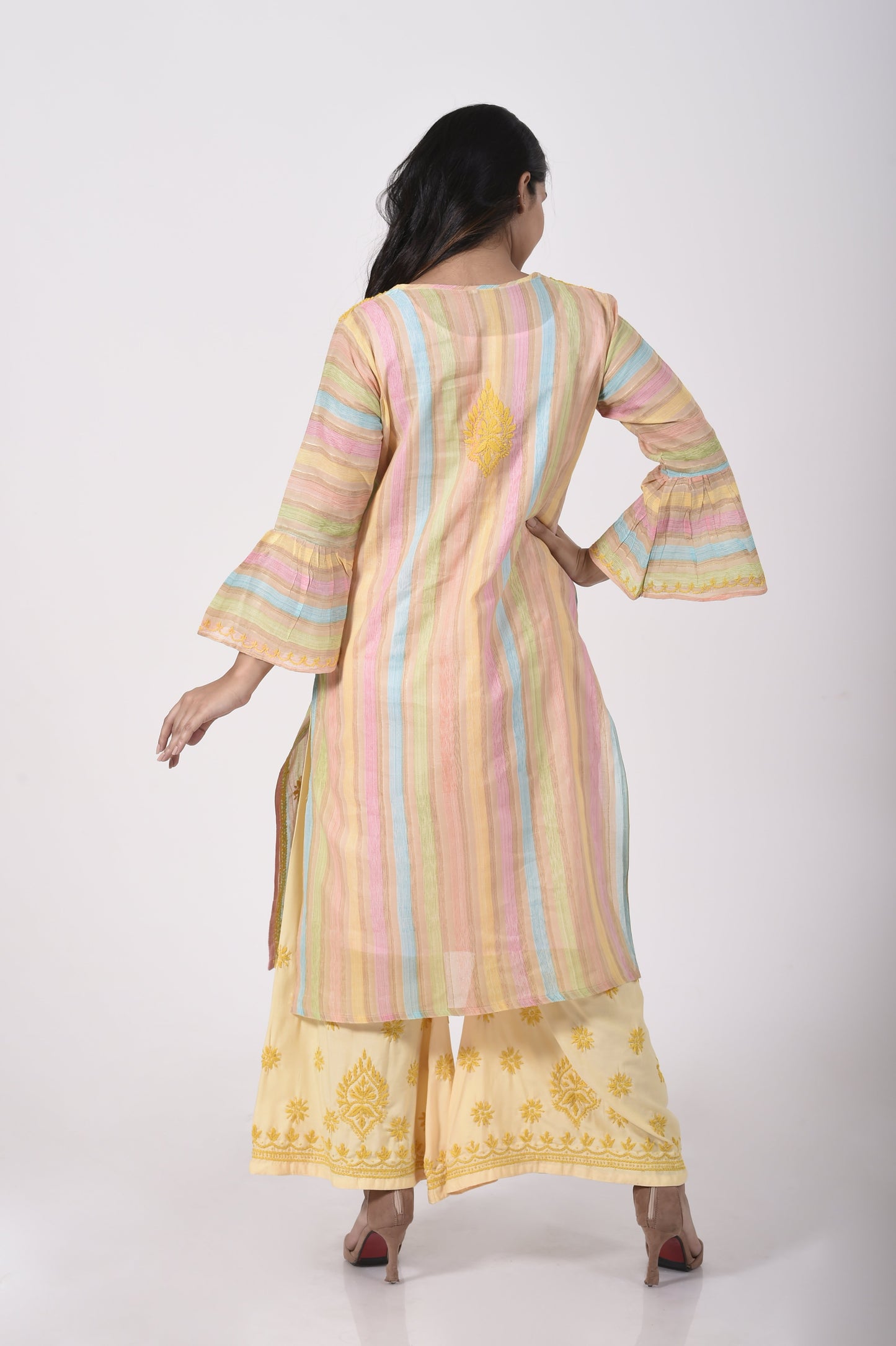 Lucknow Chikan Emporium Hand Chikankari soft skin friendly pure cotton yellow print palazzo set