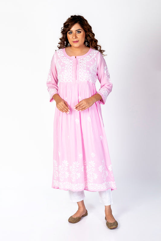 Nice Hand Embroided Cotton Rayon Chikankari Pink Angarkha Kurti Lucknow Chikan Emporium.