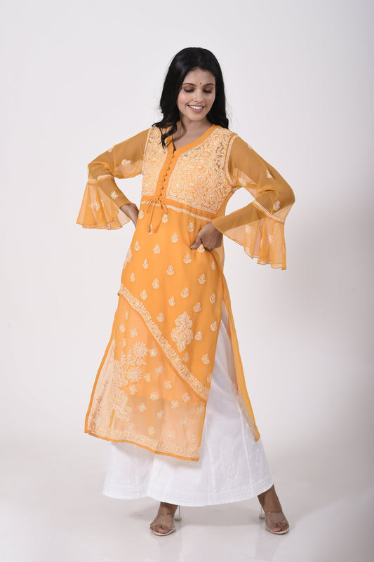 Mustard Hand embroided skin friendly semi georgette Chikankari Kurti Lucknow Chikan Emporium.