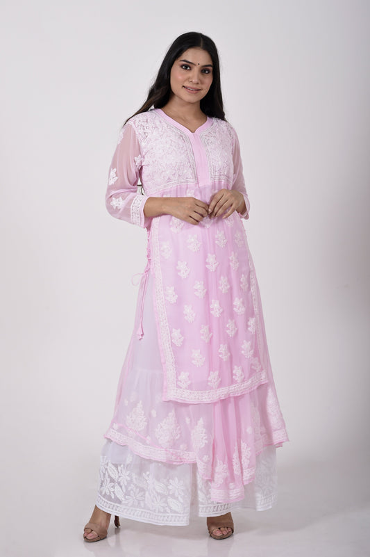 Pink Hand embroided Semi georgette Chikankari sharara Kurti light Lucknow Chikan Emporium.