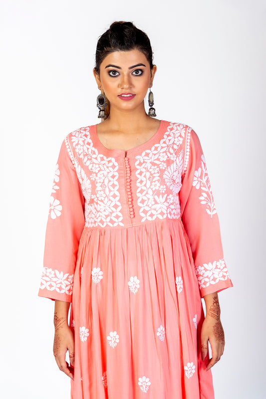 Nice Hand Embroided Cotton Rayon Chikankari Peach Angarkha Kurti Lucknow Chikan Emporium.