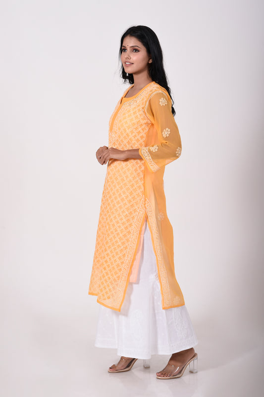 Mustard Hand embroided Semi georgette Chikankari Kurti Lucknow Chikan Emporium.