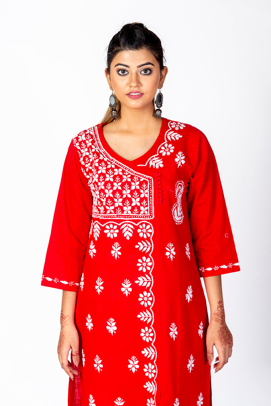 Nice Hand Embroided Skin Freindly Cotton Chikankari Red Angarkha Lucknow Chikan Emporium.
