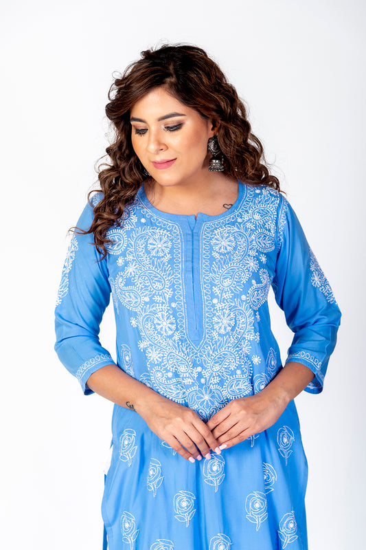 Nice Hand Chikankari Lucknowi Cotton Kurti (Nice Blue Color) Lucknow Chikan Emporium.