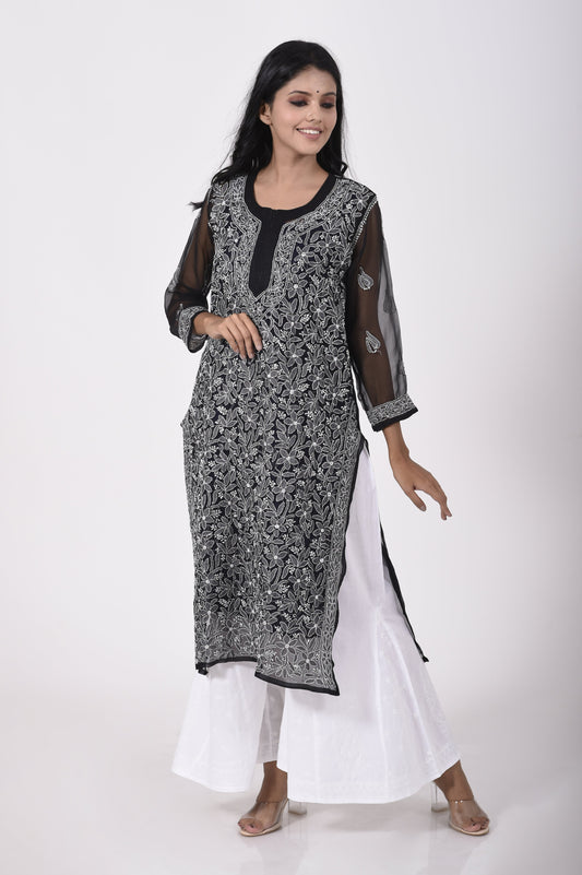 Black Hand embroided skin friendly semi georgette  Chikankari Kurti Lucknow Chikan Emporium.