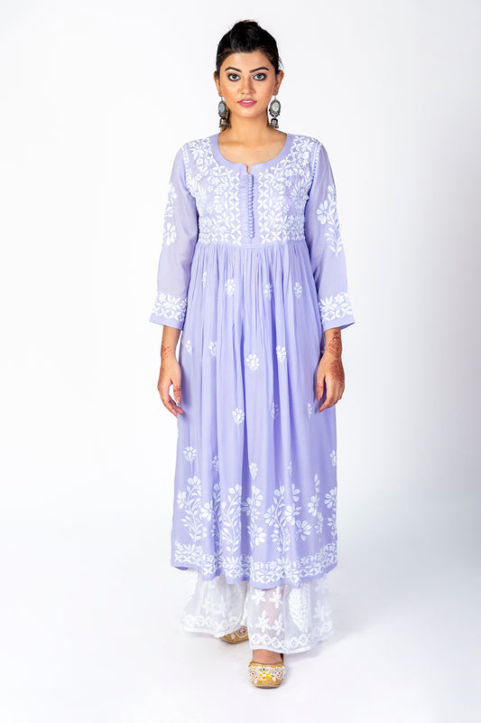 Nice Hand Embroided Cotton Rayon Chikankari Purple Angarkha Kurti Lucknow Chikan Emporium.